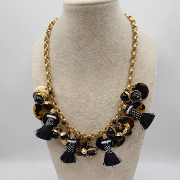 J Crew Black Tassel Gold Tone Disk Tortoise Charm Link Necklace - Picture 1 of 11